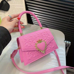 Argyle Embossed Crossbody Bag Flap Purse Top Handle Heart Decor