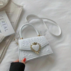 Argyle Embossed Crossbody Bag Flap Purse Top Handle Heart Decor