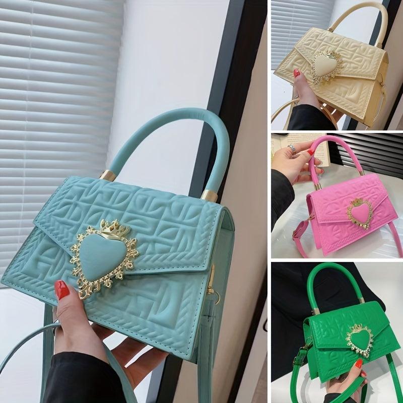 Argyle Embossed Crossbody Bag Flap Purse Top Handle Heart Decor
