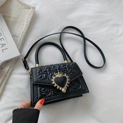 Argyle Embossed Crossbody Bag Flap Purse Top Handle Heart Decor