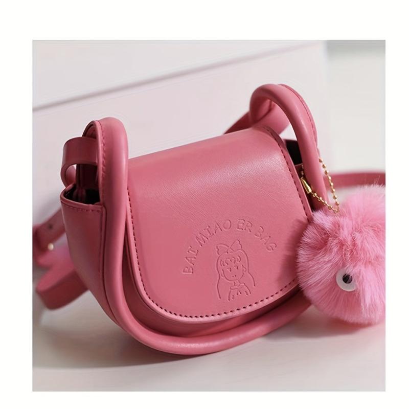 Mini Plush Ball Decor Crossbody Bag PU Leather Textured Bag
