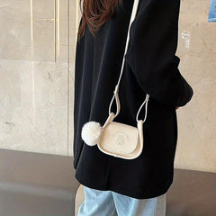Mini Plush Ball Decor Crossbody Bag PU Leather Textured Bag