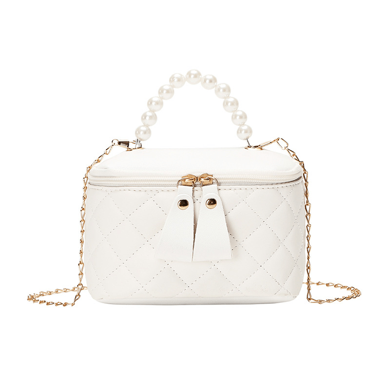 Mini Argyle Quilted Handbag Chain Crossbody Bag Faux Pearl Handle Purse