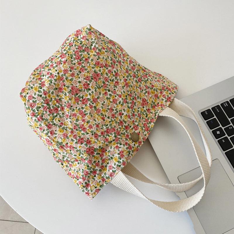 Floral Print Handbag Snap Button Canvas Shopping Bag