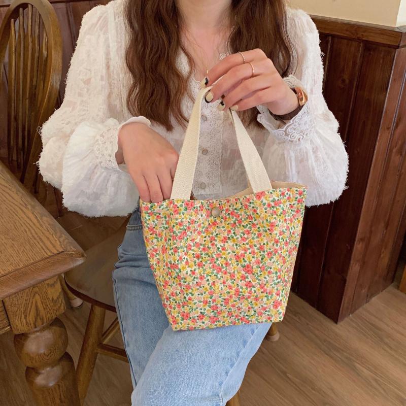 Floral Print Handbag Snap Button Canvas Shopping Bag
