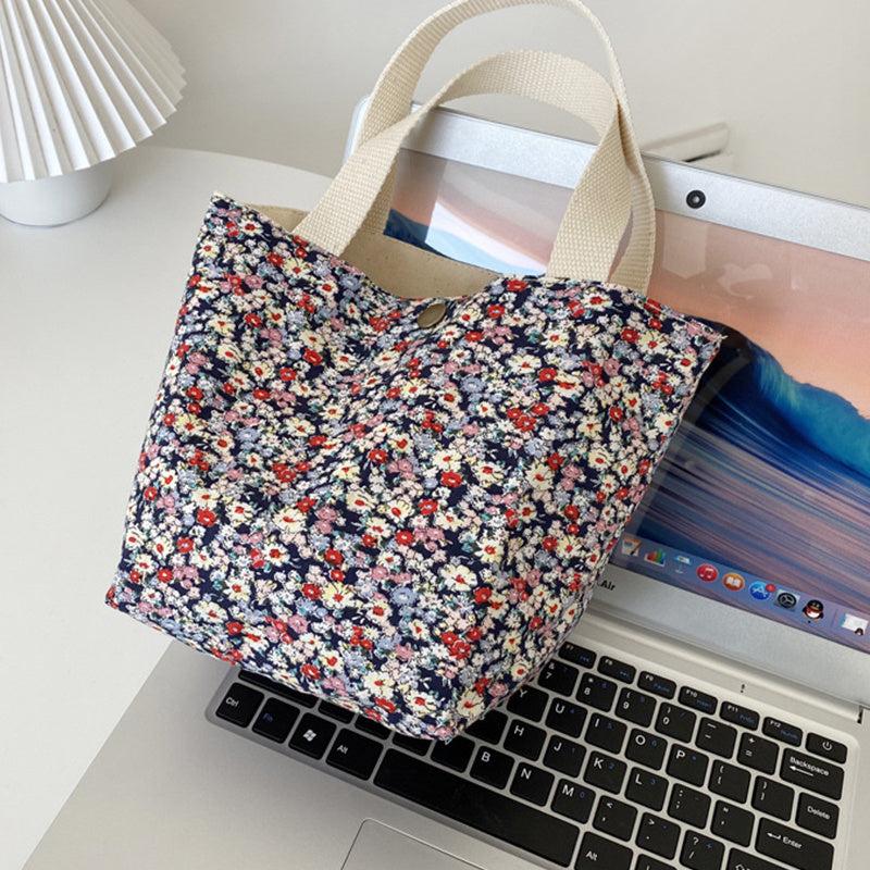Floral Print Handbag Snap Button Canvas Shopping Bag