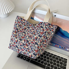 Floral Print Handbag Snap Button Canvas Shopping Bag