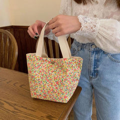 Floral Print Handbag Snap Button Canvas Shopping Bag
