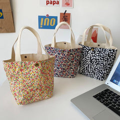 Floral Print Handbag Snap Button Canvas Shopping Bag