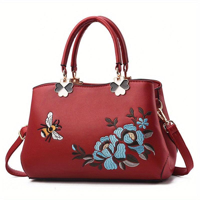 Flower Embroidery Tote Bag PU Leather Crossbody Bag
