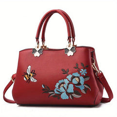 Flower Embroidery Tote Bag PU Leather Crossbody Bag