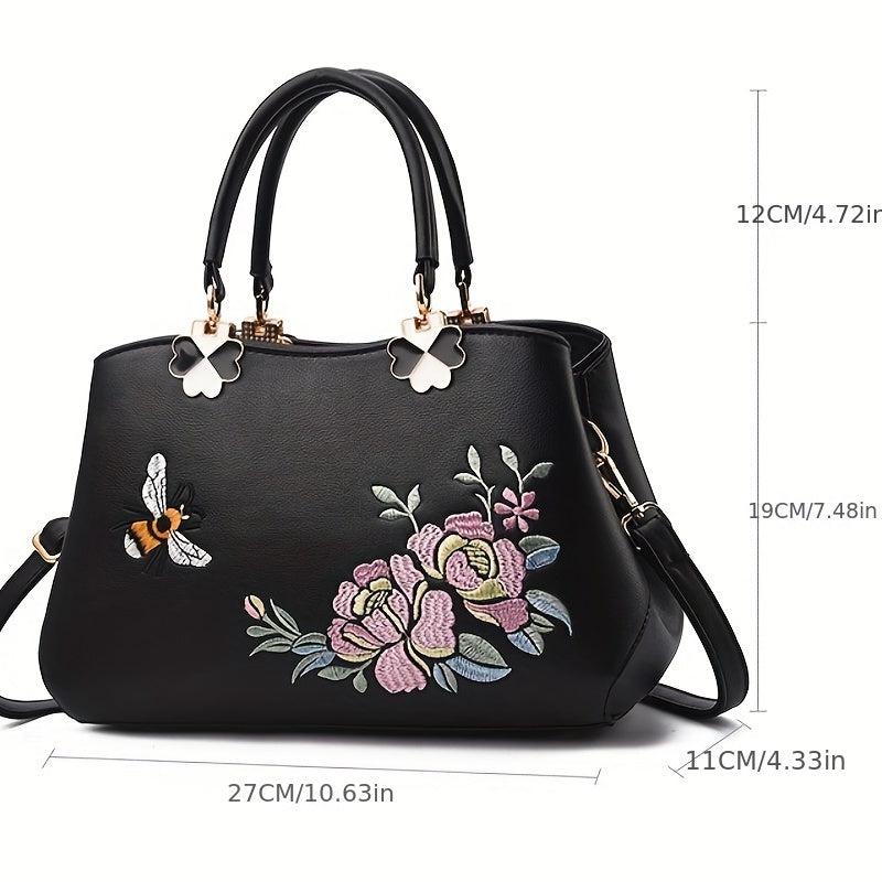 Flower Embroidery Tote Bag PU Leather Crossbody Bag