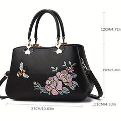 Flower Embroidery Tote Bag PU Leather Crossbody Bag