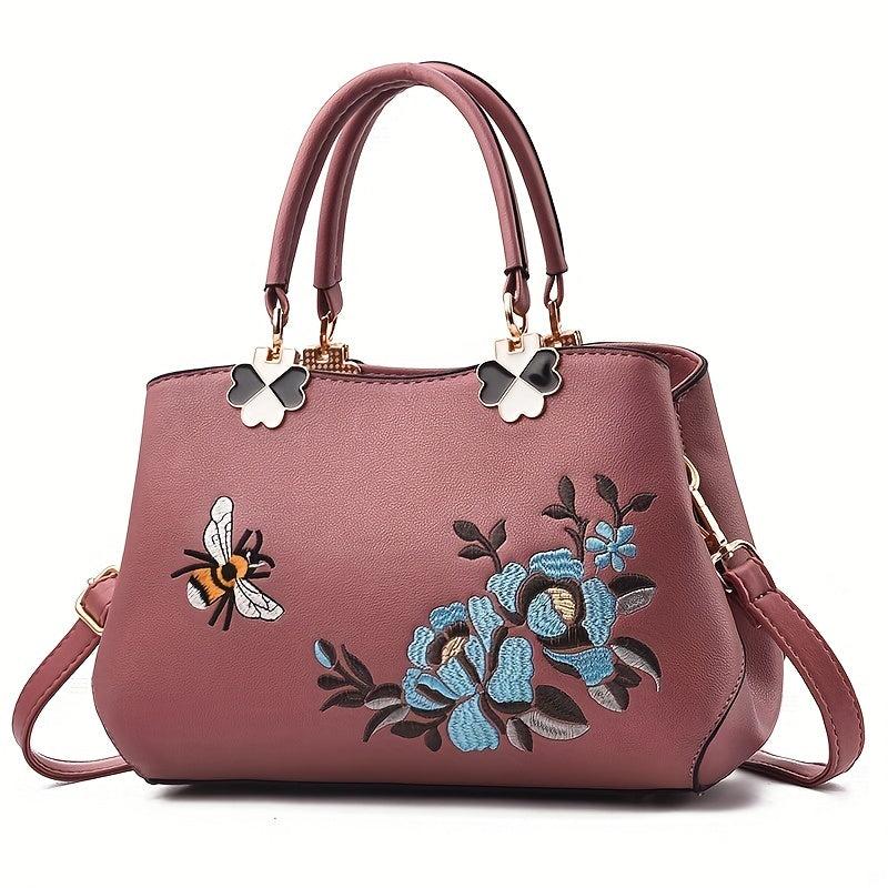 Flower Embroidery Tote Bag PU Leather Crossbody Bag