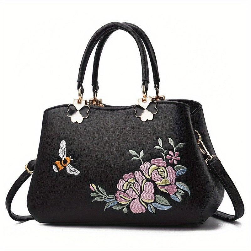 Flower Embroidery Tote Bag PU Leather Crossbody Bag