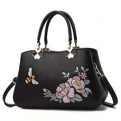 Flower Embroidery Tote Bag PU Leather Crossbody Bag