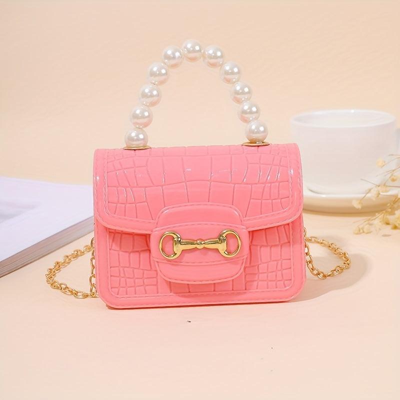 Faux Pearl Handle Crossbody Bag Crocodile Embossed Chain Shoulder Bag