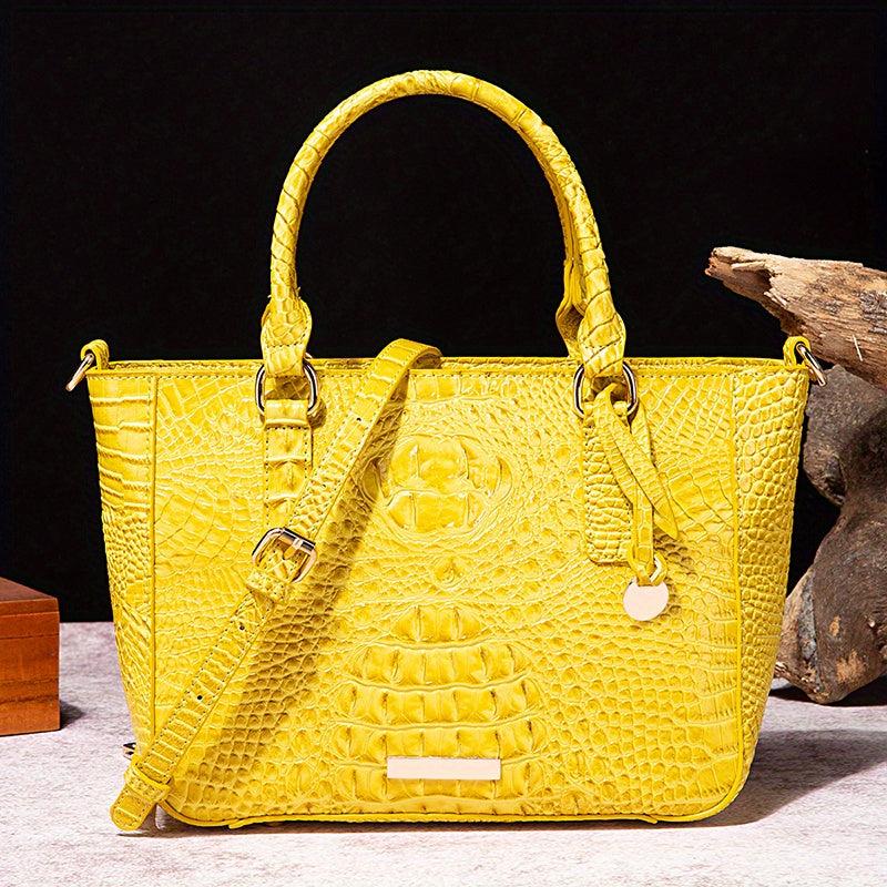 Crocodile Pattern Top Handle Satchel Crossbody Bag Leather Textured Handbag