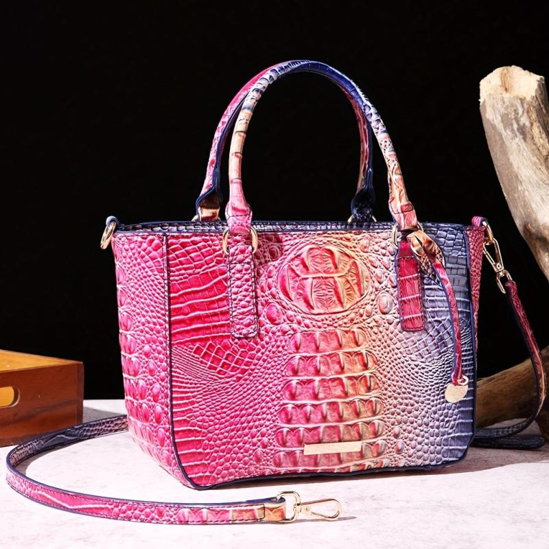 Crocodile Pattern Top Handle Satchel Crossbody Bag Leather Textured Handbag