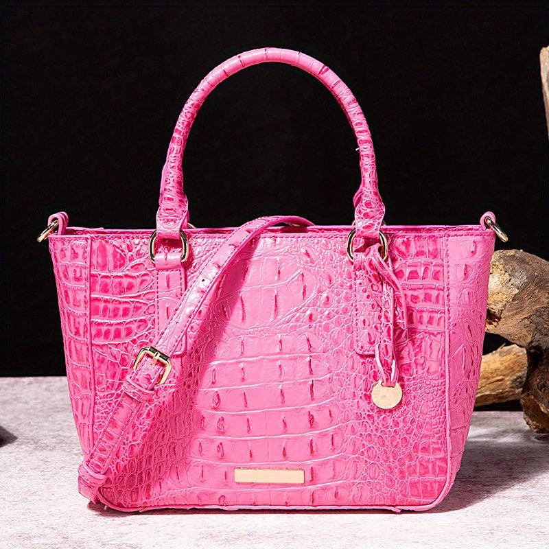 Crocodile Pattern Top Handle Satchel Crossbody Bag Leather Textured Handbag