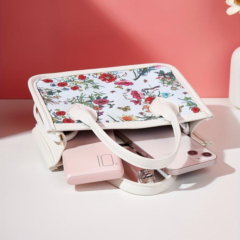 2pcs Flower Print Handbag Set Crossbody Bag Women's Tote Wristlet Clutch Purse