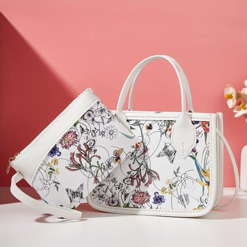 2pcs Flower Print Handbag Set Crossbody Bag Women's Tote Wristlet Clutch Purse