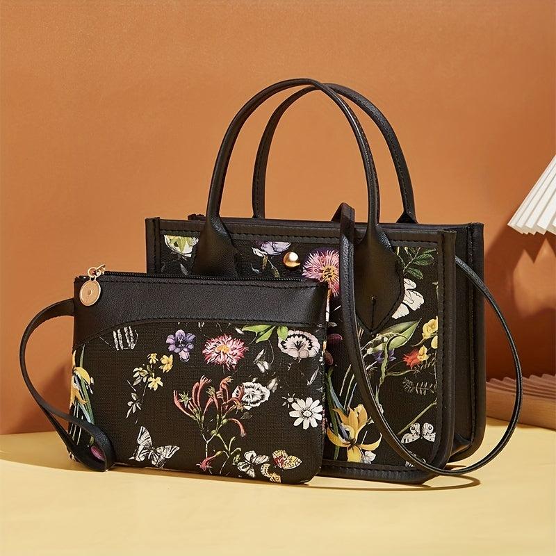 2pcs Flower Print Handbag Set Crossbody Bag Women's Tote Wristlet Clutch Purse
