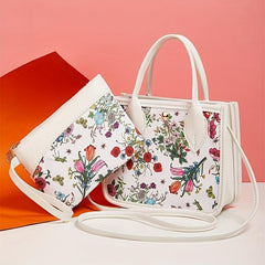 2pcs Flower Print Handbag Set Crossbody Bag Women's Tote Wristlet Clutch Purse