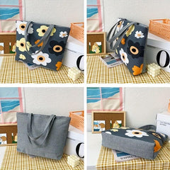 Flower Canvas Tote Bag Large Capacity Shoulder Bag for Shopping & Travel