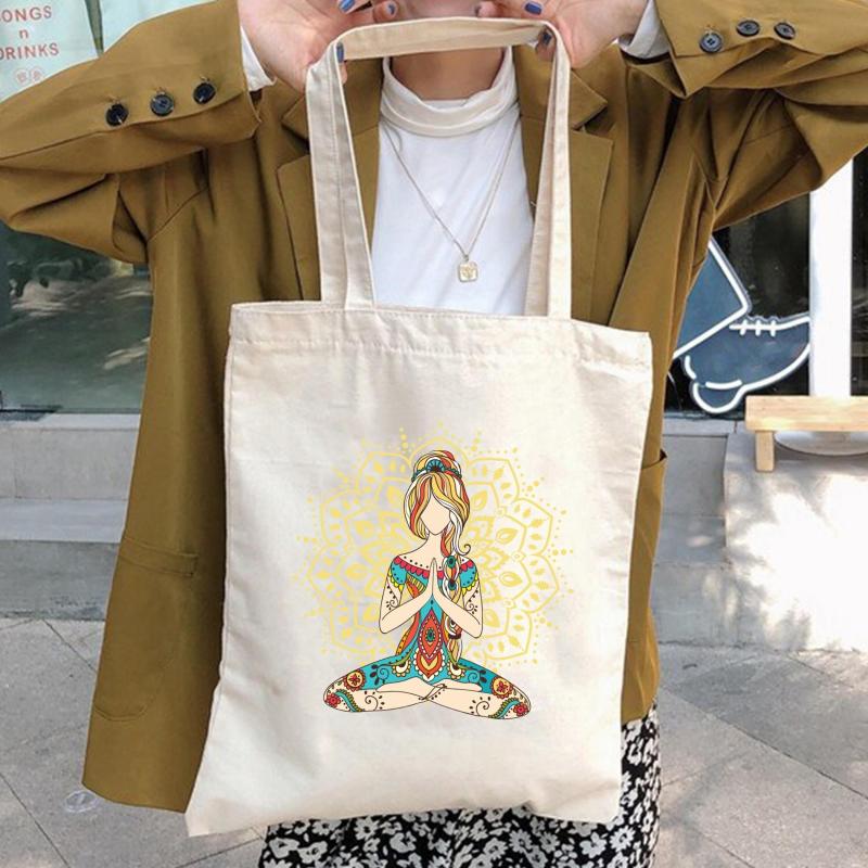 Yoga Print Canvas Tote Bag Eco Friendly Shopping Bag