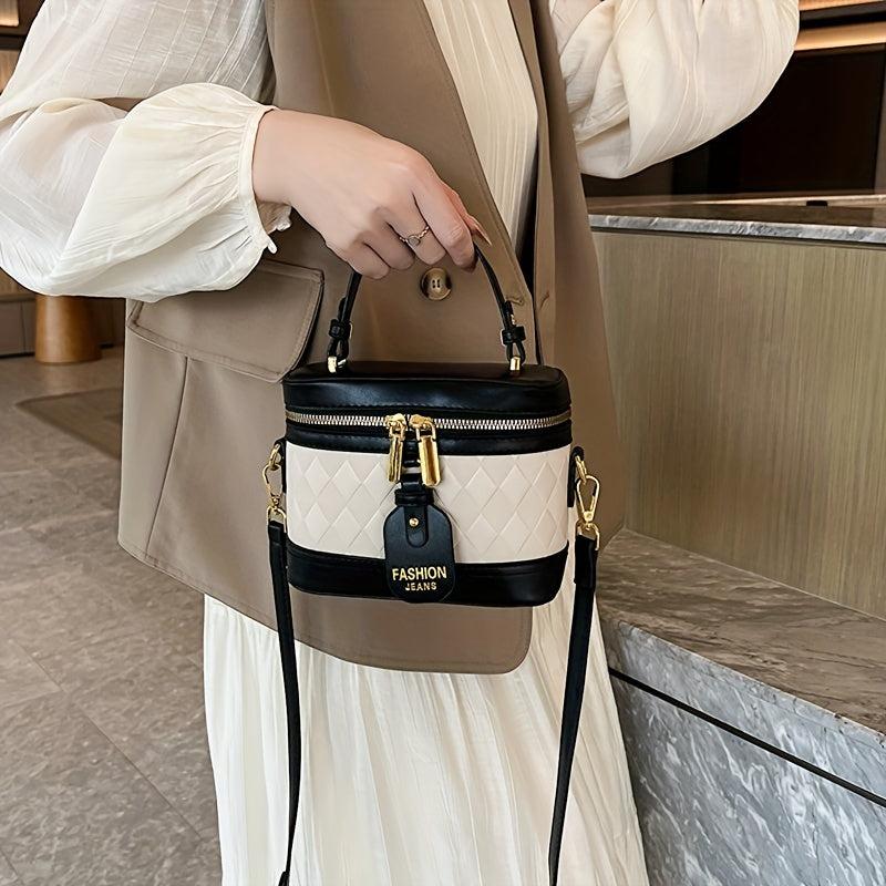 Argyle Embossed Bucket Bag Contrast Handbags Double Zipper Purse