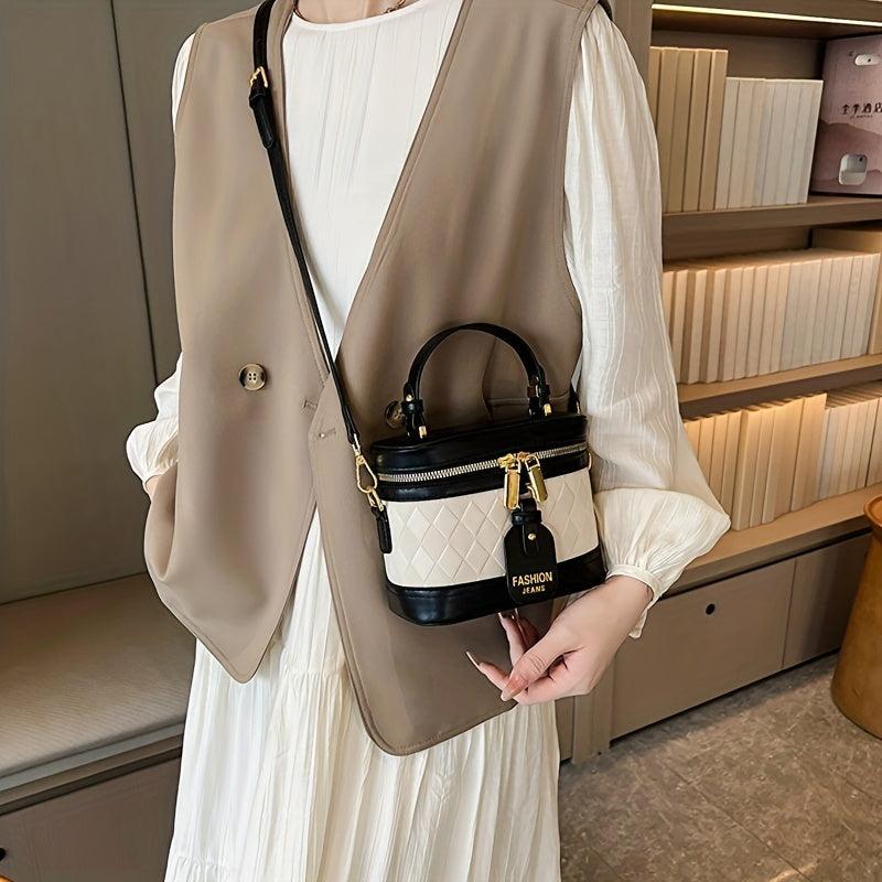 Argyle Embossed Bucket Bag Contrast Handbags Double Zipper Purse