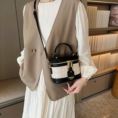 Argyle Embossed Bucket Bag Contrast Handbags Double Zipper Purse