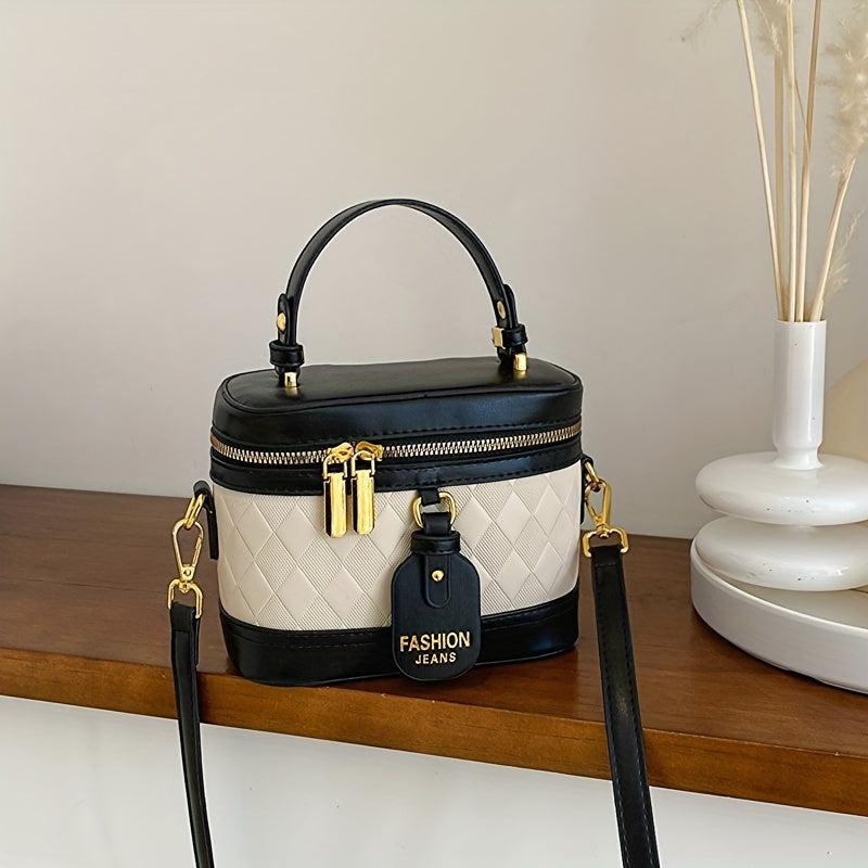 Argyle Embossed Bucket Bag Contrast Handbags Double Zipper Purse