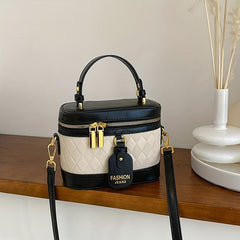 Argyle Embossed Bucket Bag Contrast Handbags Double Zipper Purse