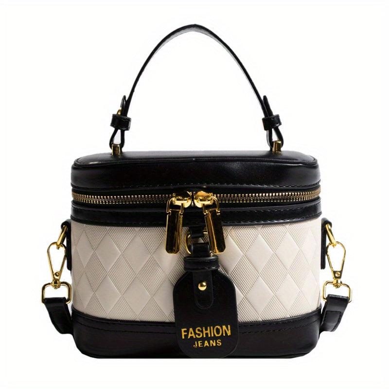 Argyle Embossed Bucket Bag Contrast Handbags Double Zipper Purse