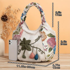 Floral Embroidered Canvas HandBags Lightweight Tote Bag Ethnic Style