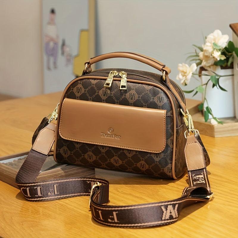Vintage Geometric Print Crossbody Bag Retro Top Handle Shoulder Bag