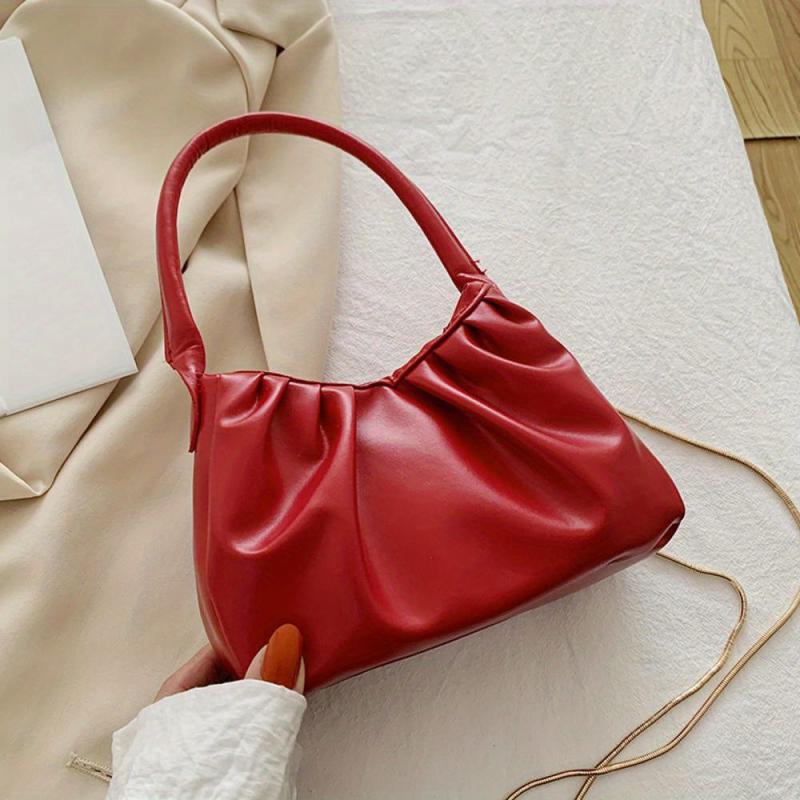 Solid Ruched Handbag PU Leather Square Shoulder Bag