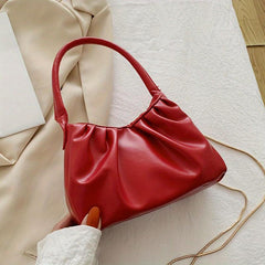 Solid Ruched Handbag PU Leather Square Shoulder Bag