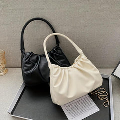 Solid Ruched Handbag PU Leather Square Shoulder Bag