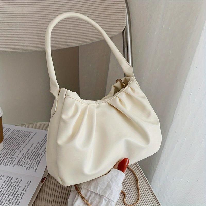 Solid Ruched Handbag PU Leather Square Shoulder Bag