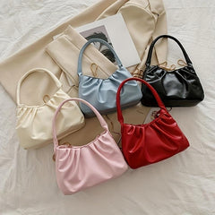 Solid Ruched Handbag PU Leather Square Shoulder Bag