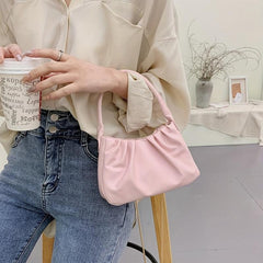 Solid Ruched Handbag PU Leather Square Shoulder Bag