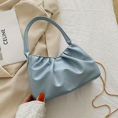 Solid Ruched Handbag PU Leather Square Shoulder Bag