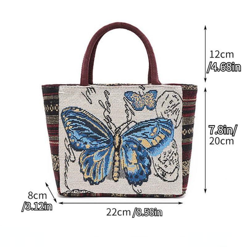 Butterfly Embroidery Canvas Handbag Small Zipper Tote Bag