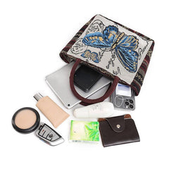 Butterfly Embroidery Canvas Handbag Small Zipper Tote Bag