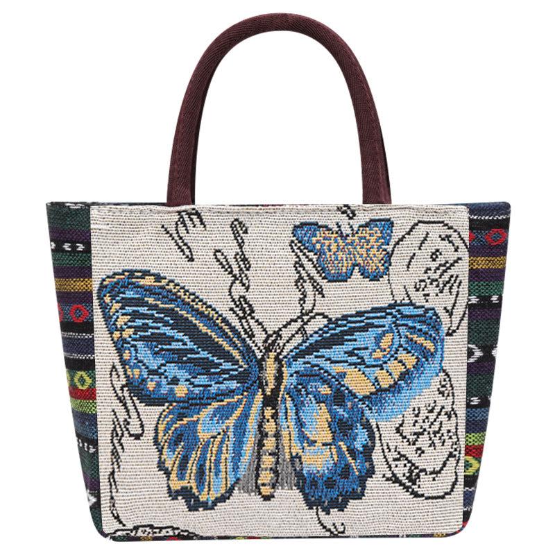 Butterfly Embroidery Canvas Handbag Small Zipper Tote Bag