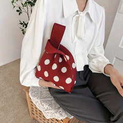 Colorblock Knit Tote Bag Round Dot Graphic Crochet Bag