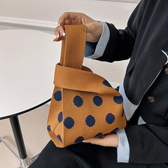 Colorblock Knit Tote Bag Round Dot Graphic Crochet Bag